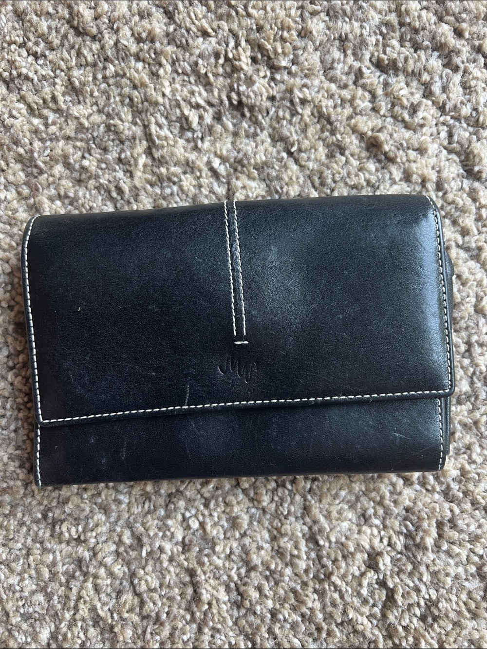 Monsac Black Leather Women's Wallet with White Stitching